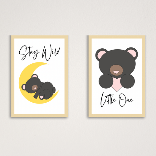Black bear nursery wall art print set with Stay Wild Little One quote for baby room decor