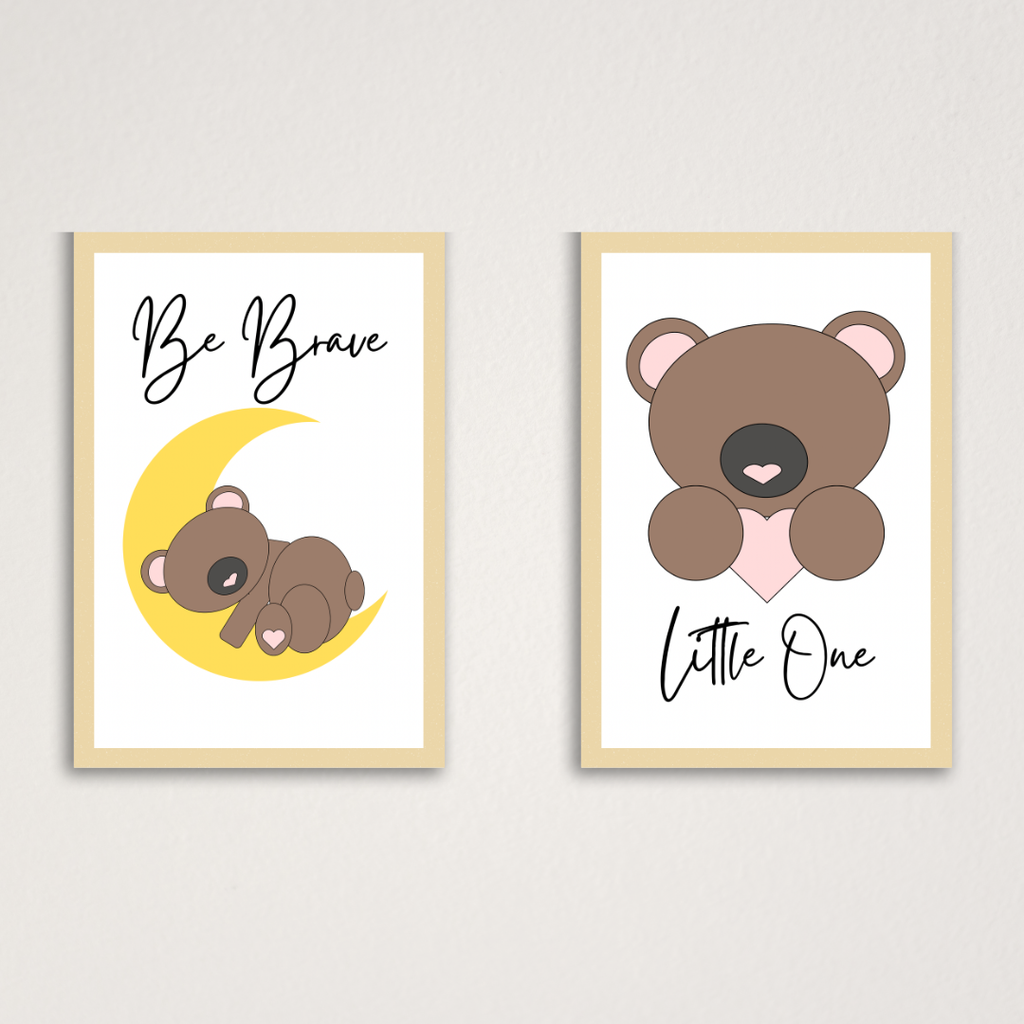 Brown bear nursery wall art print set with Be Brave Little One quote for baby room decor
