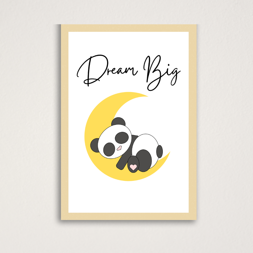 Artwork with a panda on a yellow moon and 'Dream Big' text.