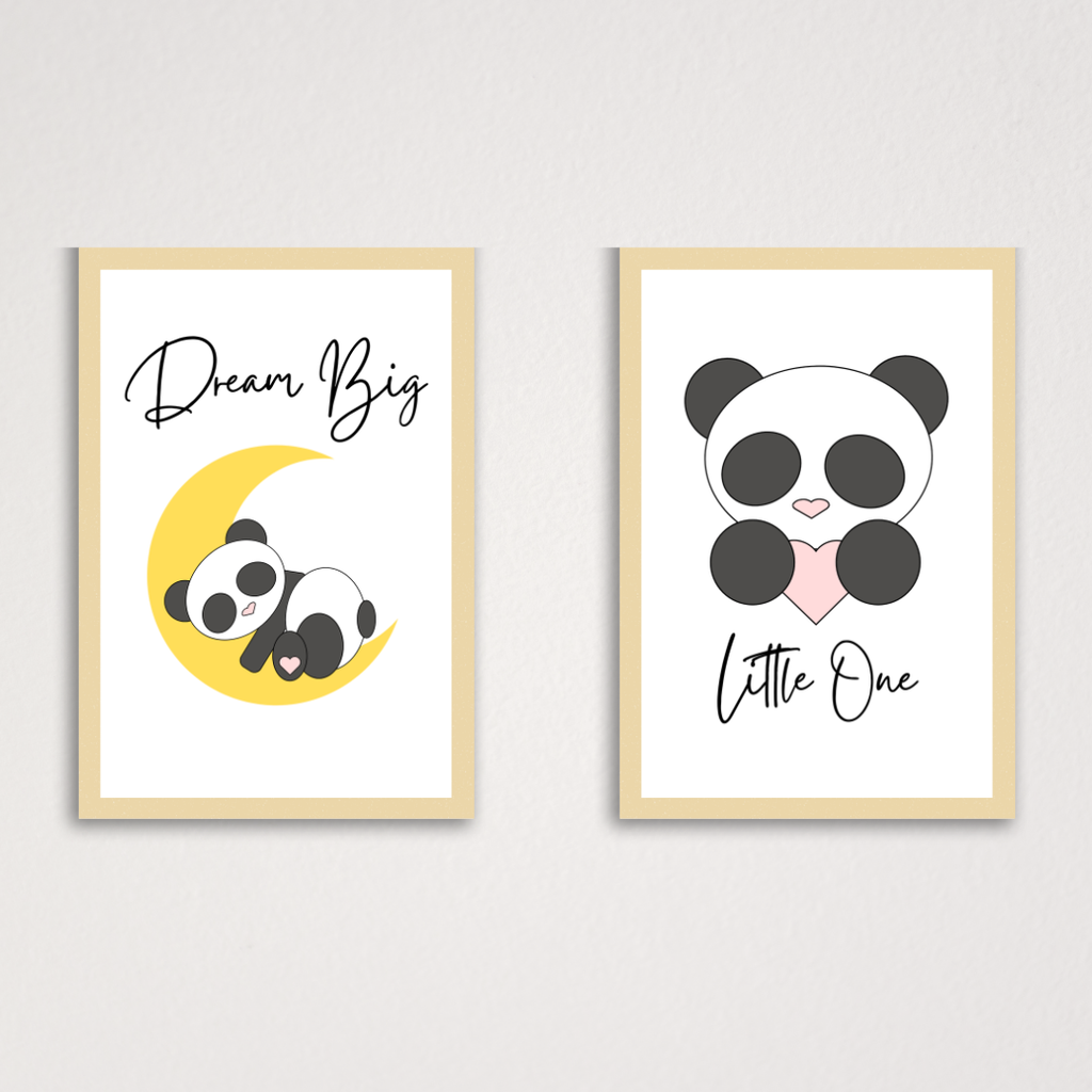 prints with panda illustrations and text on a white wall.