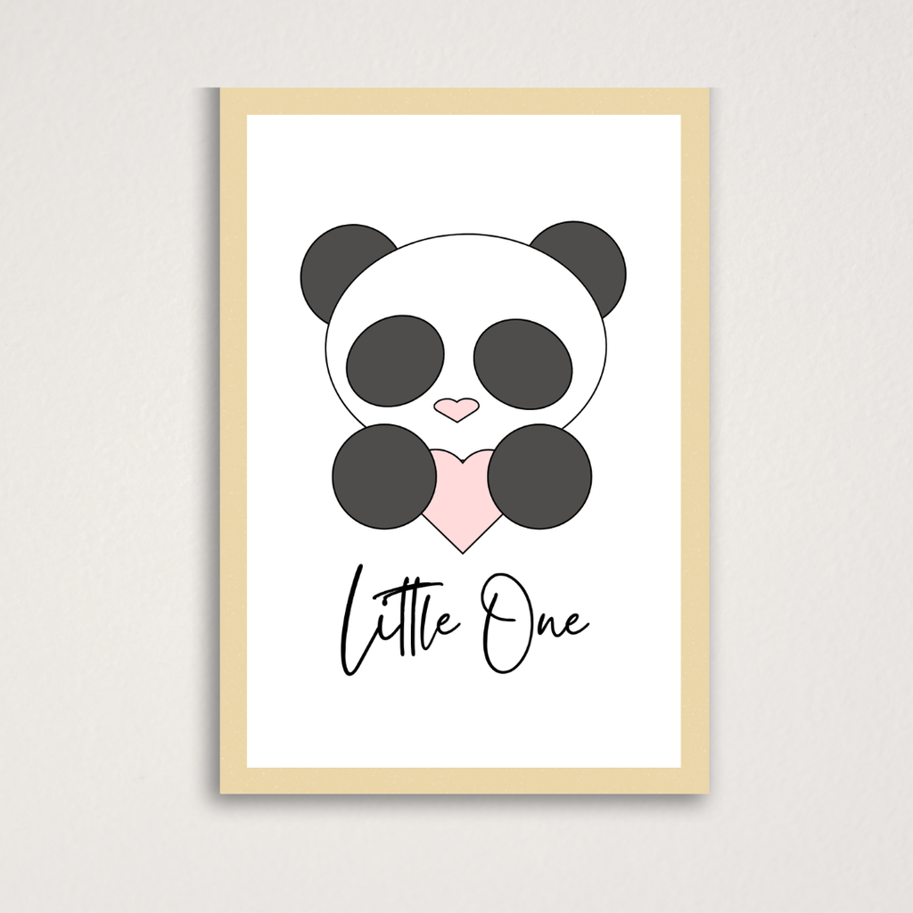 panda holding a heart and 'Little One' text on a white background