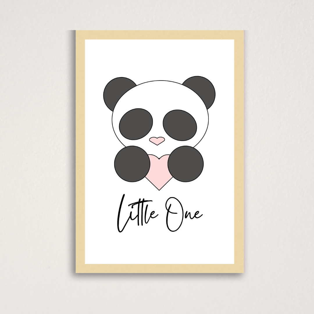 panda holding a heart and 'Little One' text on a white background