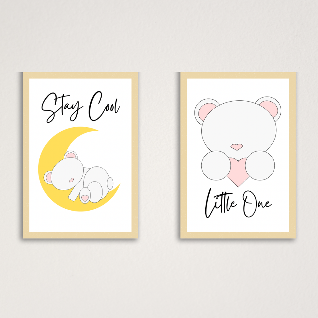 Polar bear nursery wall art print set with Stay Cool Little One quote for baby room decor