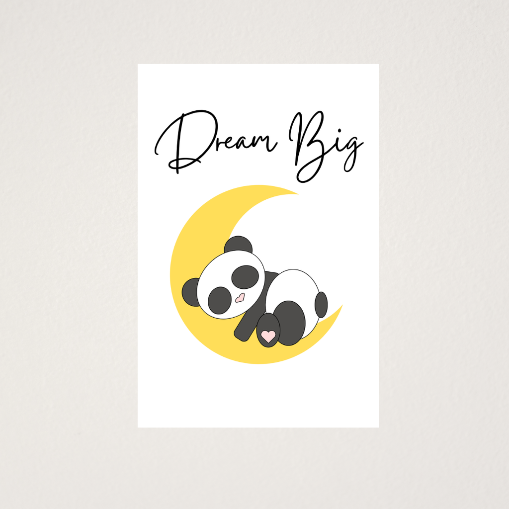 Poster with a panda on a yellow moon and 'Dream Big' text on a light gray background