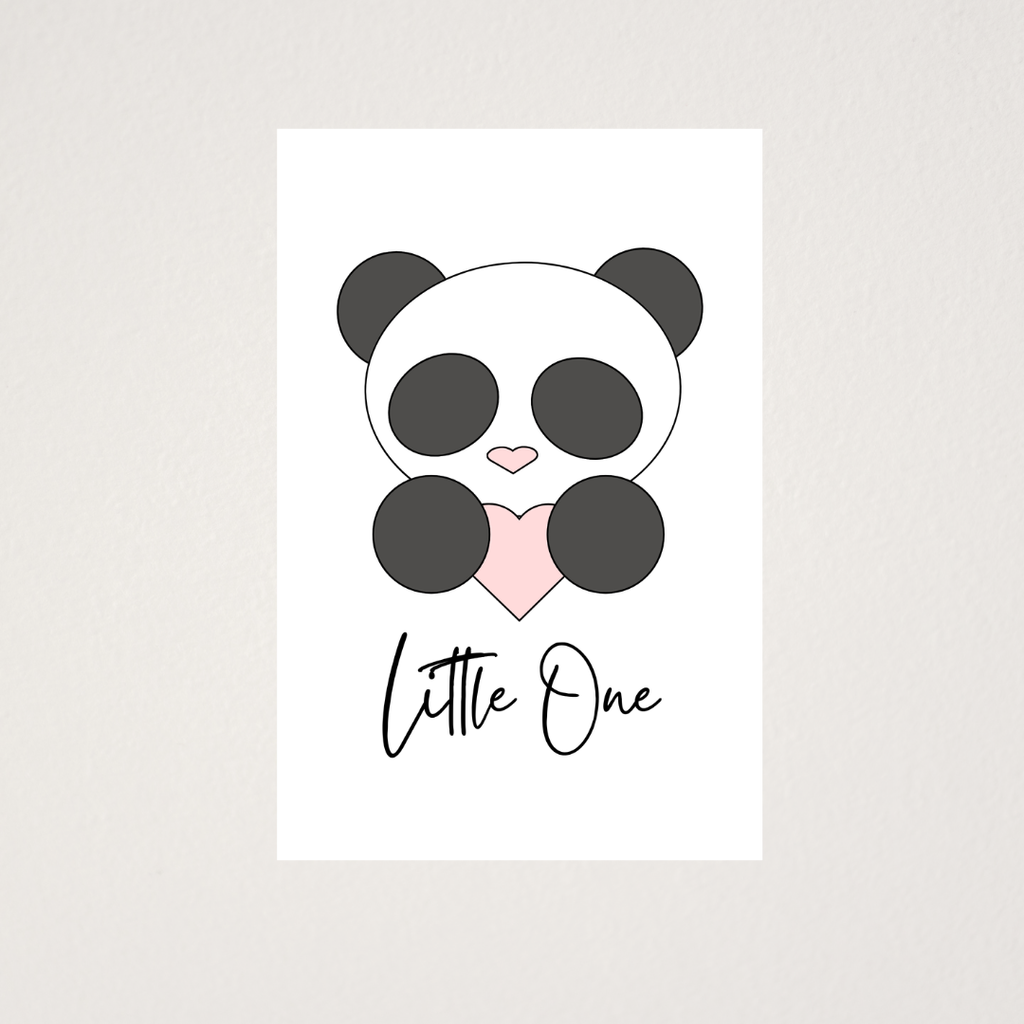 Panda with a heart and 'Little One' text on a white background